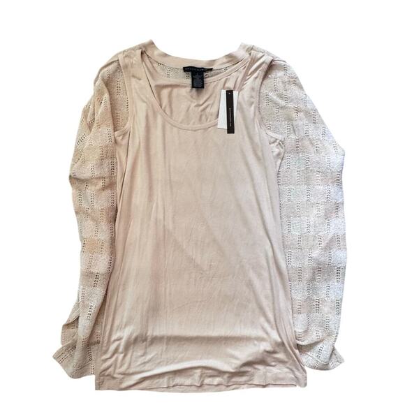 New GRACE ELEMENTS Pointelle Beige Winter White Striped Knit Layered Sweater Sm - Picture 12 of 15